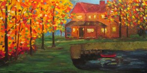Oil Palette Knife Painting of a house by a lake with a canoe.